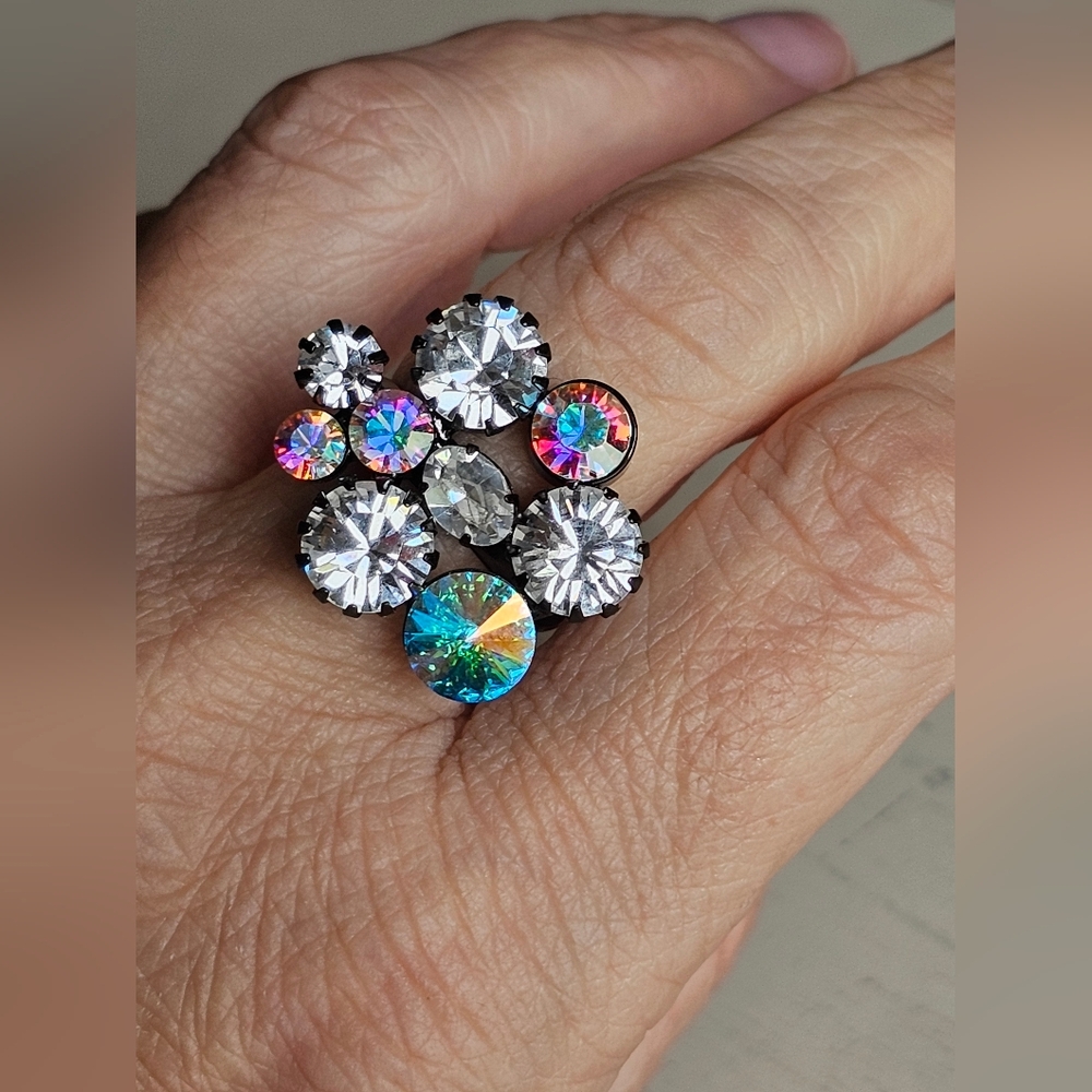 Fun Multi-Color Crystal Ring-Gunmetal Gray-Small Size 9